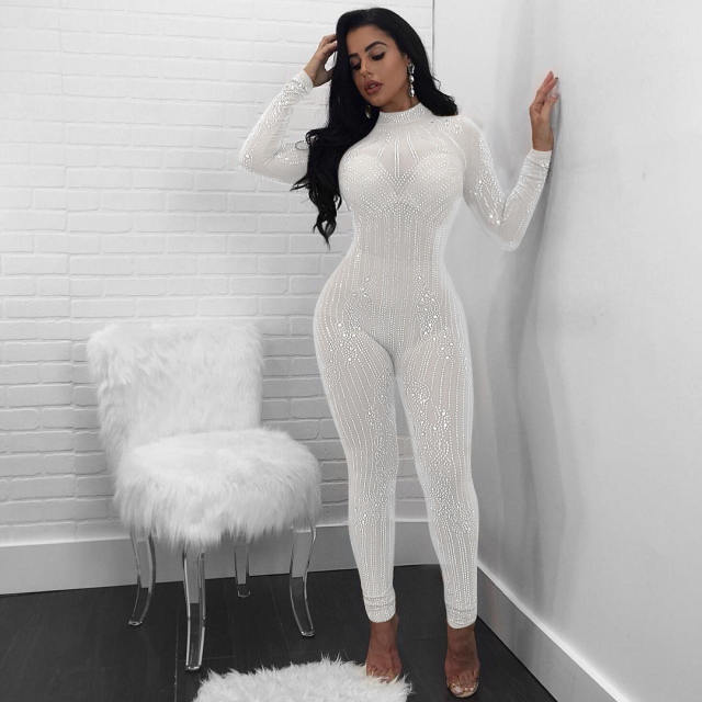 Beige Sexy Rhinestone Jumpsuit High Waist Wholesale Bodystockings Women PQ034B