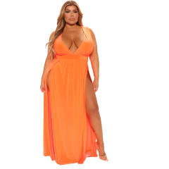 Yellow V-neck Maxi Dresses High Split Plus Size Casual Dress PQ8829B