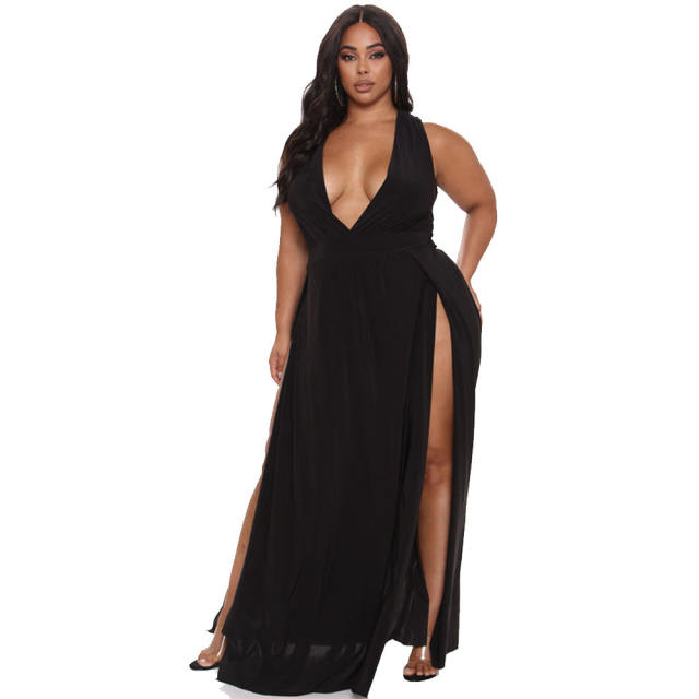 Black V-neck Maxi Dresses High Split Plus Size Casual Dress PQ8829A