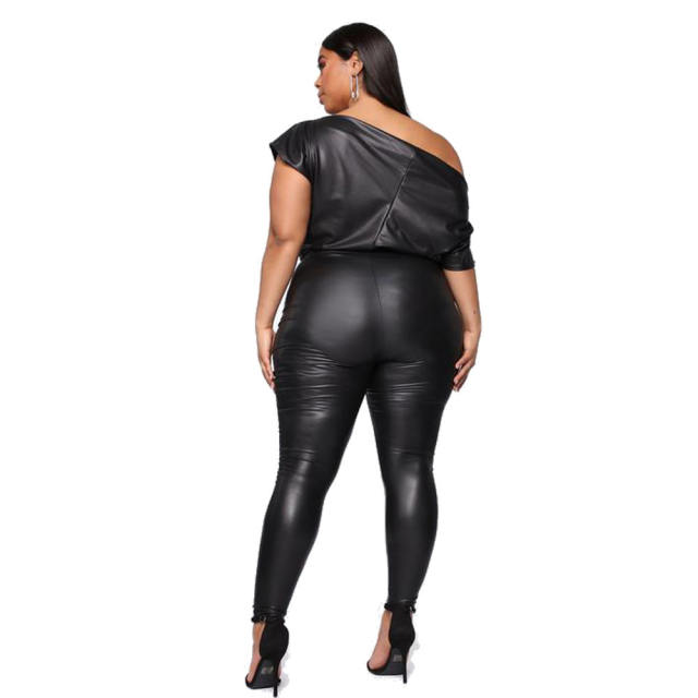 Black Faux Leather Jumpsuit Wholesale PU Streetwear Women PQ8771A