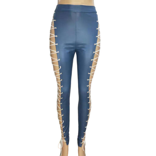 Sexy High Waist Lace-up PU Trousers Faux Leather Pants Women PQ8701