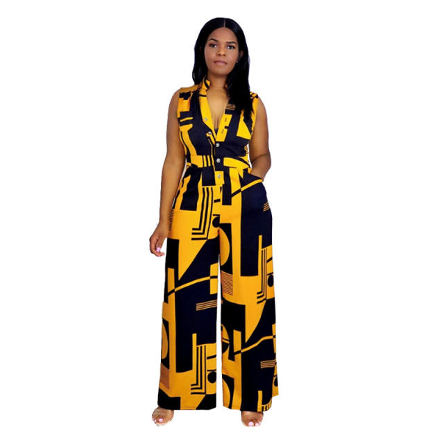 Printed V-neck Jumpsuit High Waist Wholesale Streetwear Women PQ95095