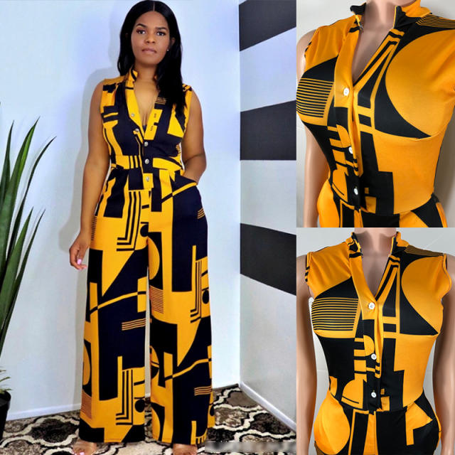 Printed V-neck Jumpsuit High Waist Wholesale Streetwear Women PQ95095