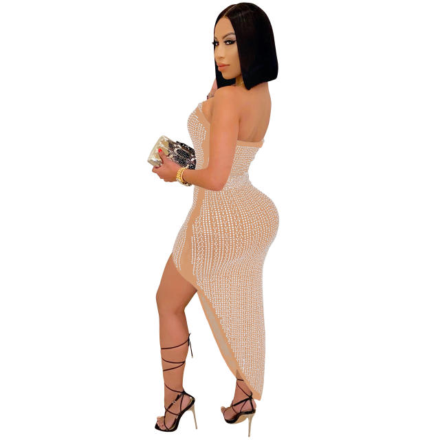 Off Shoulder Rhinestone Midi Dress Women Sequin Dresses PQ5046