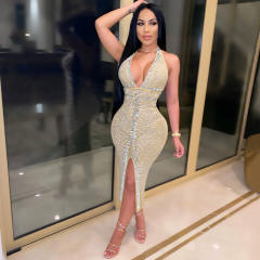Apricot V-neck Rhinestone Midi Dress Women Sequin Dresses PQ3732B