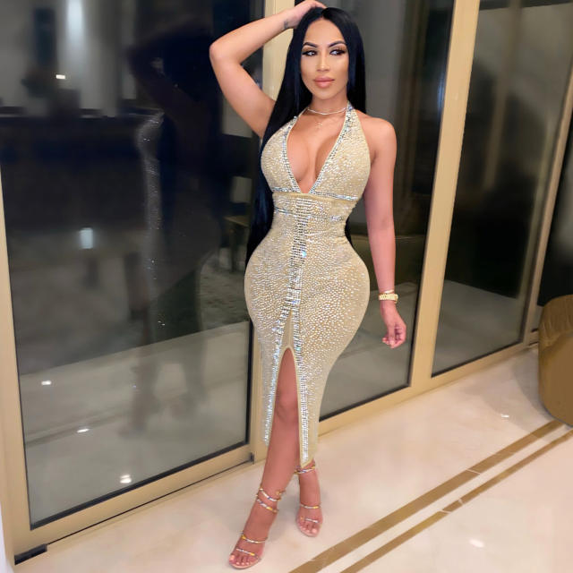 Apricot V-neck Rhinestone Midi Dress Women Sequin Dresses PQ3732B