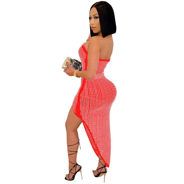Off Shoulder Rhinestone Midi Dress Women Sequin Dresses PQ5046