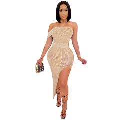 Off Shoulder Rhinestone Midi Dress Women Sequin Dresses PQ5046
