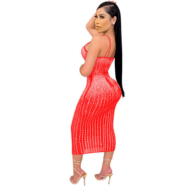 Red Plus Size Rhinestone Midi Dress Women Sequin Dresses PQ3805A