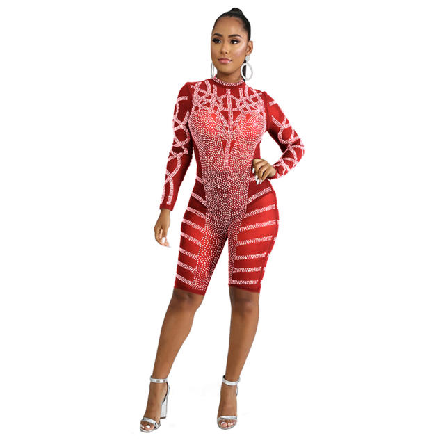 Women Sequin Jumpsuit Rhinestone Long Sleeve Bodysuit PQ3305