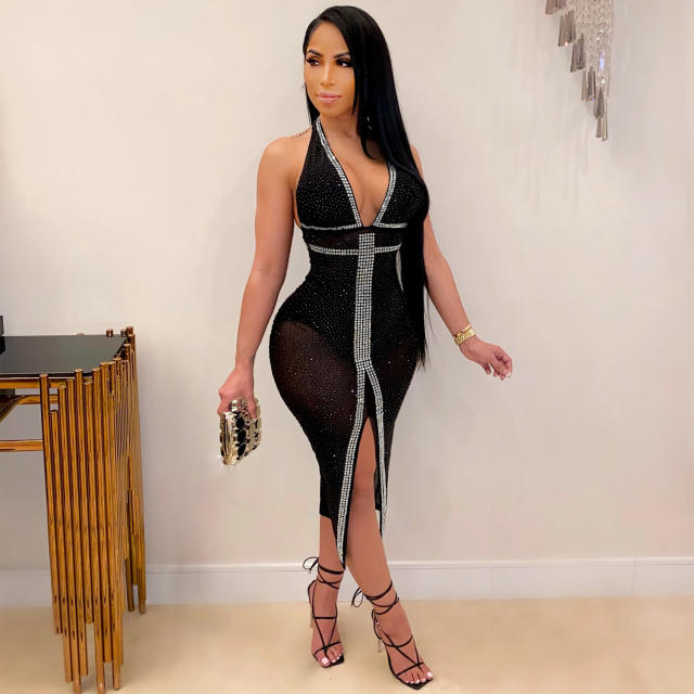 Black V-neck Rhinestone Midi Dress Women Sequin Dresses PQ3732A