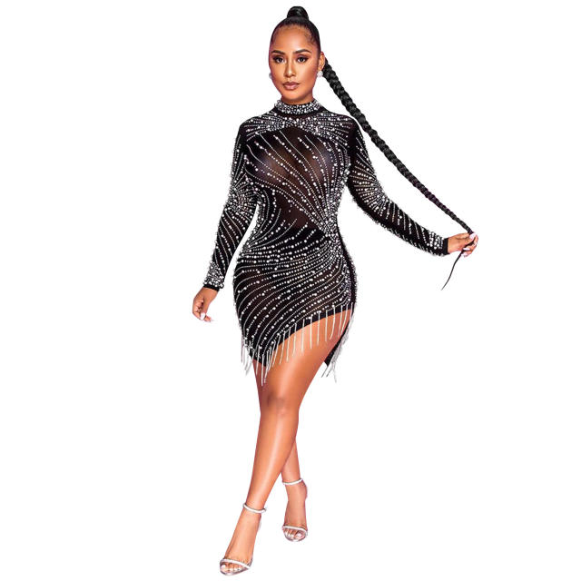 Wholesale Sequin Dresses Long Sleeve Rhinestone Bodycon Dress PQ5216