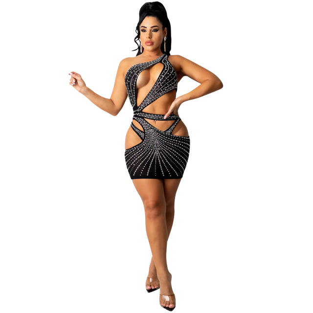 Wholesale Black Sequin Dresses Hollow Out Rhinestone Bodycon Dress PQ5283A