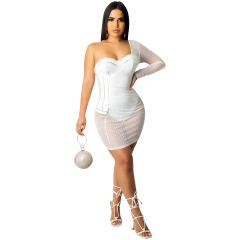 One Shoulder Rhinestone Cocktail Dress Sequin Mini Dresses PQ5335