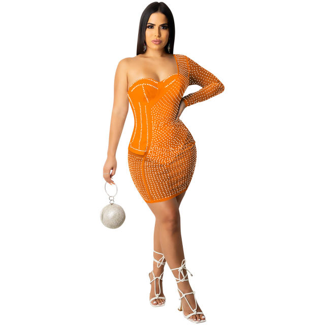 One Shoulder Rhinestone Cocktail Dress Sequin Mini Dresses PQ5335