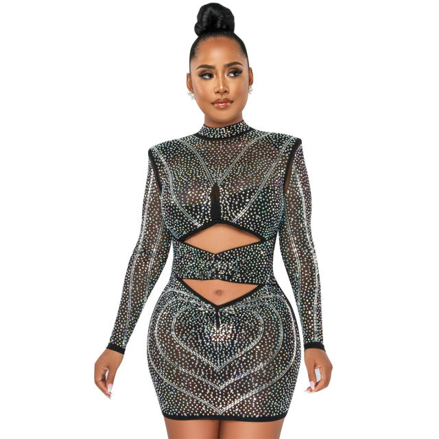 Black Wholesale Sequin Sexy Mini Dresses Rhinestone Hollow Club Dress PQ5572A