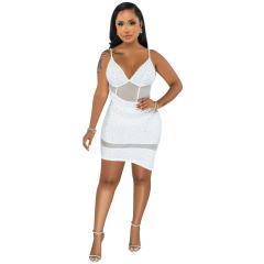 White Sequin Sexy Mini Dresses Rhinestone Mesh Club Dress PQ5575B