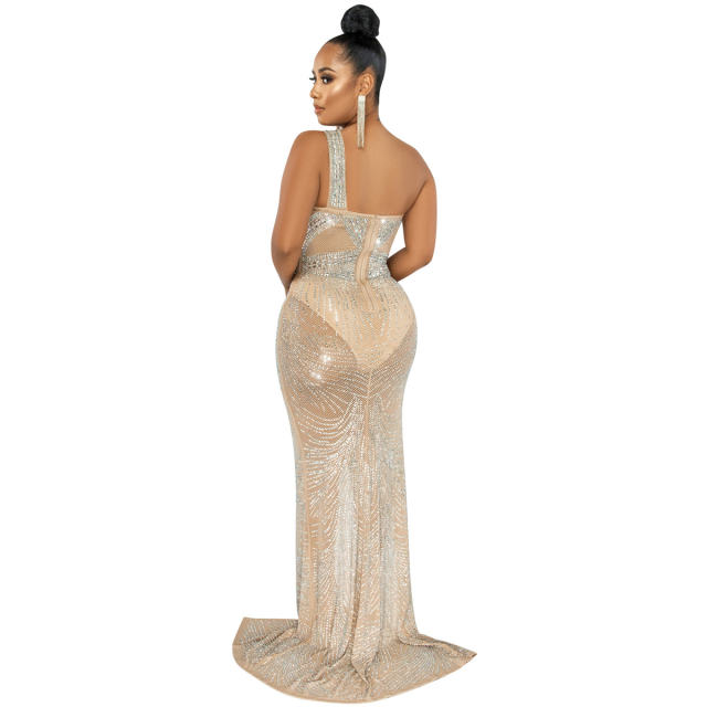 Apricot One Shoulder Rhinestone Cocktail Dresses Sequin Evening Dress PQ5563