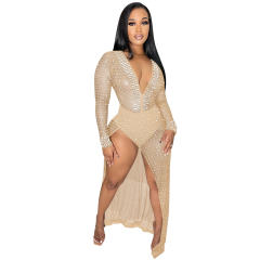 High Split Rhinestone Clubwear Sequin Bodysuit Evening Dress PQ5729