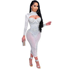 Apricot Sequin Skinny Midi Dresses Hole Rhinestone Bodycon Dress PQ5842B