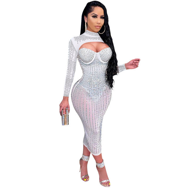 Apricot Sequin Skinny Midi Dresses Hole Rhinestone Bodycon Dress PQ5842B