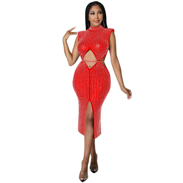 Halter Sequin Sexy Midi Dresses Hole Rhinestone Bodycon Dress PQ5796
