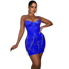 Black Sequin Chain Mini Dresses Mesh Rhinestone Club Dress PQ5868A