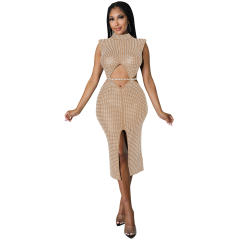 Halter Sequin Sexy Midi Dresses Hole Rhinestone Bodycon Dress PQ5796