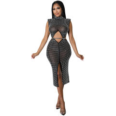 Halter Sequin Sexy Midi Dresses Hole Rhinestone Bodycon Dress PQ5796