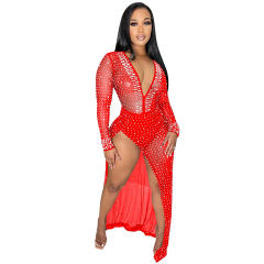 High Split Rhinestone Clubwear Sequin Bodysuit Evening Dress PQ5729