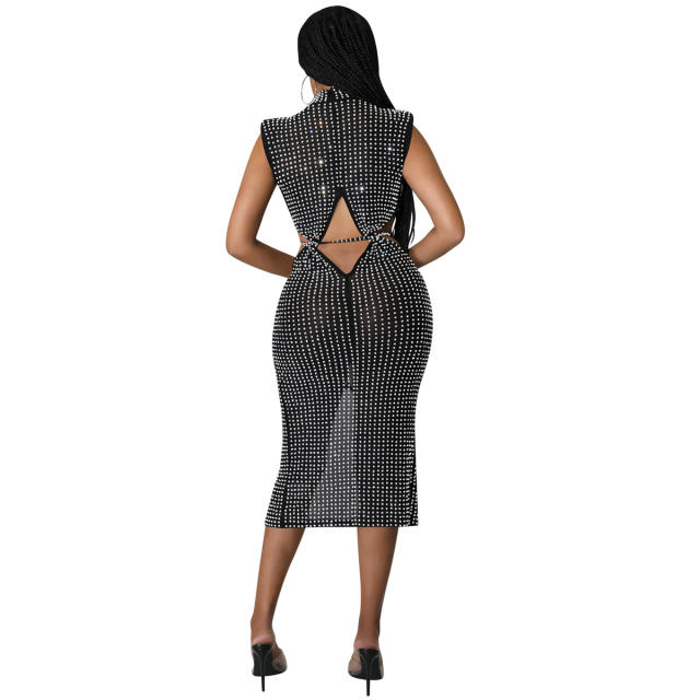 Halter Sequin Sexy Midi Dresses Hole Rhinestone Bodycon Dress PQ5796