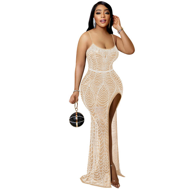 Sexy Sequin Evening Dress High Split Rhinestone Cocktail Dresses PQ5730