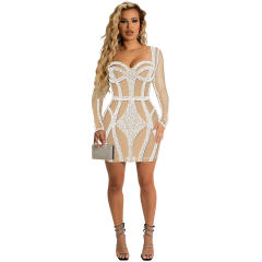 Sequin Long Sleeve Mini Dresses Mesh Patchwork Rhinestone Club Dress PQ5846