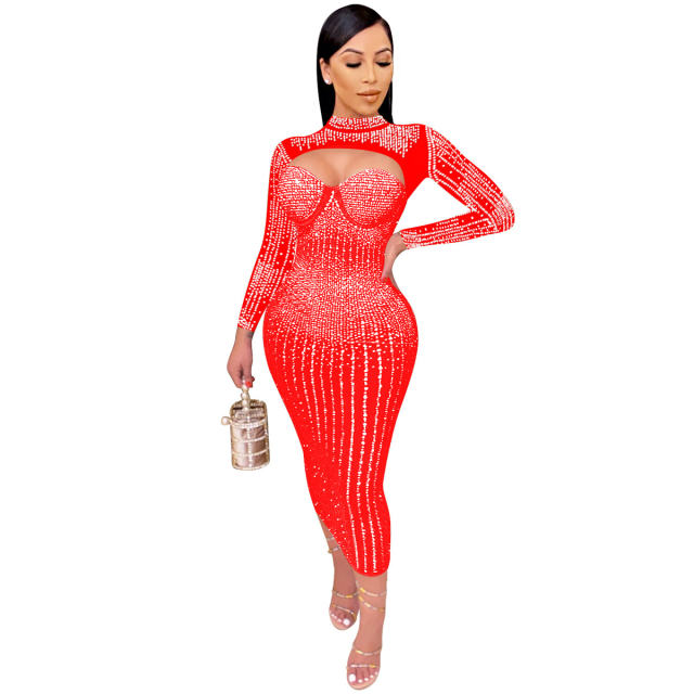 Apricot Sequin Skinny Midi Dresses Hole Rhinestone Bodycon Dress PQ5842B