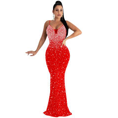 Sexy Sequin Evening Dress Floor Length Rhinestone Cocktail Dresses PQ5852