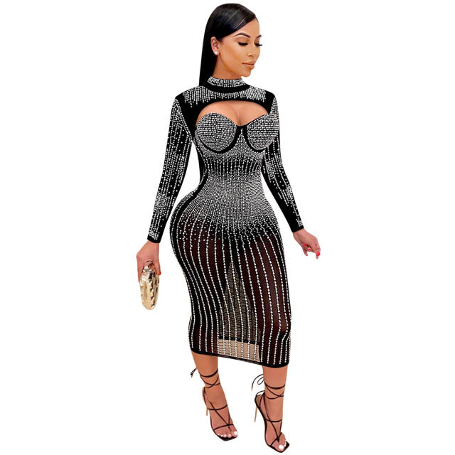 Apricot Sequin Skinny Midi Dresses Hole Rhinestone Bodycon Dress PQ5842B