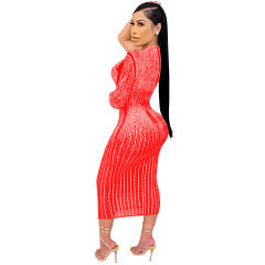 Apricot Sequin Skinny Midi Dresses Hole Rhinestone Bodycon Dress PQ5842B