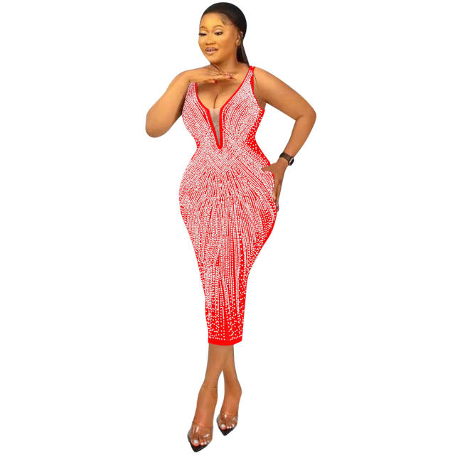 Wholesale V-neck Sequin Sexy Midi Dresses Rhinestone Bodycon Dress PQ5808