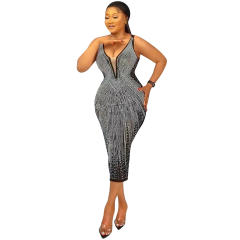 Wholesale V-neck Sequin Sexy Midi Dresses Rhinestone Bodycon Dress PQ5808