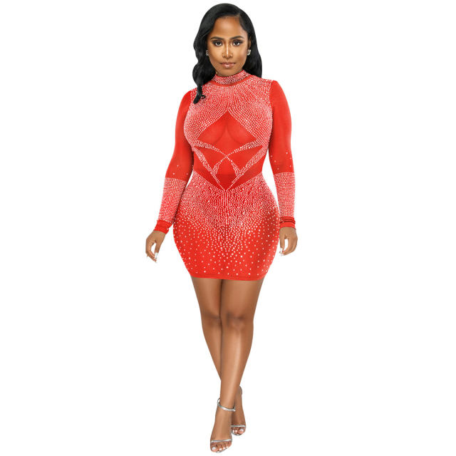 Sequin Sexy Mini Dresses Crew Neck Rhinestone Club Dress PQ5693