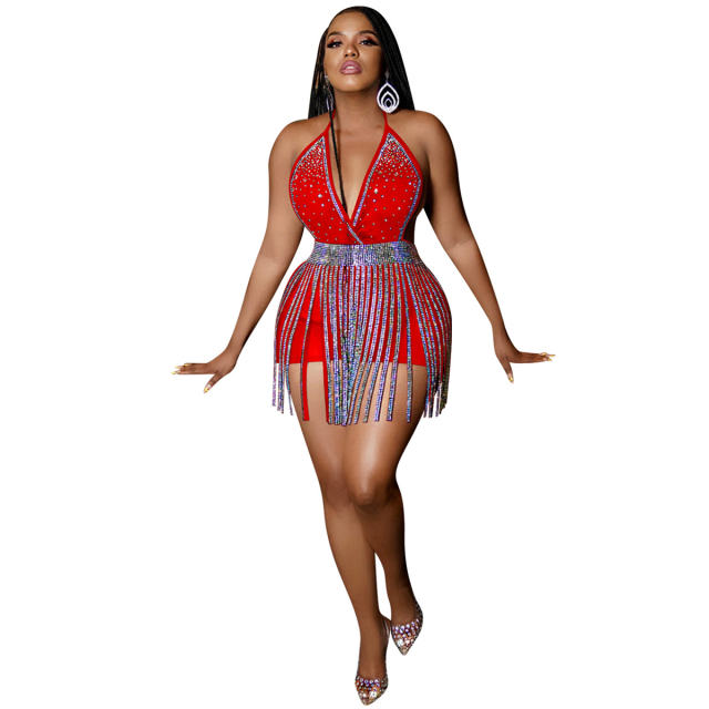 Sequin Tassel Mini Dresses Mesh Rhinestone Club Dress PQ5871