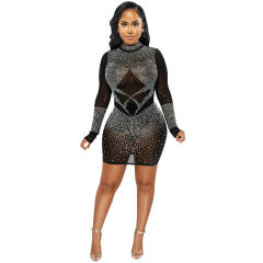 Sequin Sexy Mini Dresses Crew Neck Rhinestone Club Dress PQ5693