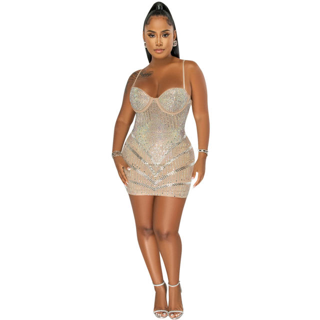 Sexy Sequin Mini Dresses Spaghetti Strao Rhinestone Club Dress PQ5895
