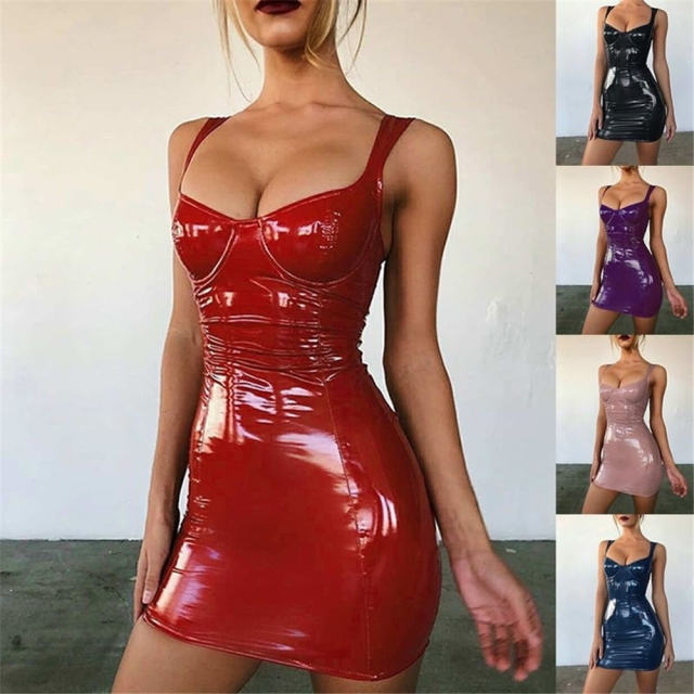 Wetlook Faux Leather Bodycon Dress Sexy Latex Club Wear PU Dresses PQ15318