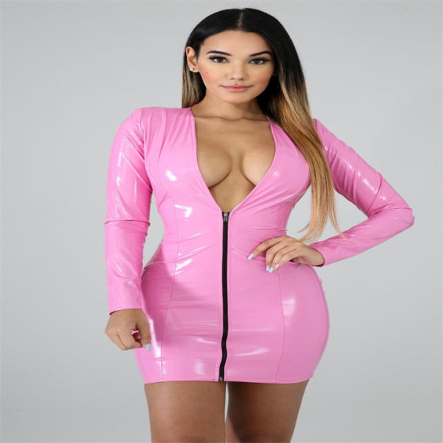 Front Zipper Faux Leather Club Dress Sexy Wetlook PU Dresses Fetish Wear PQ065