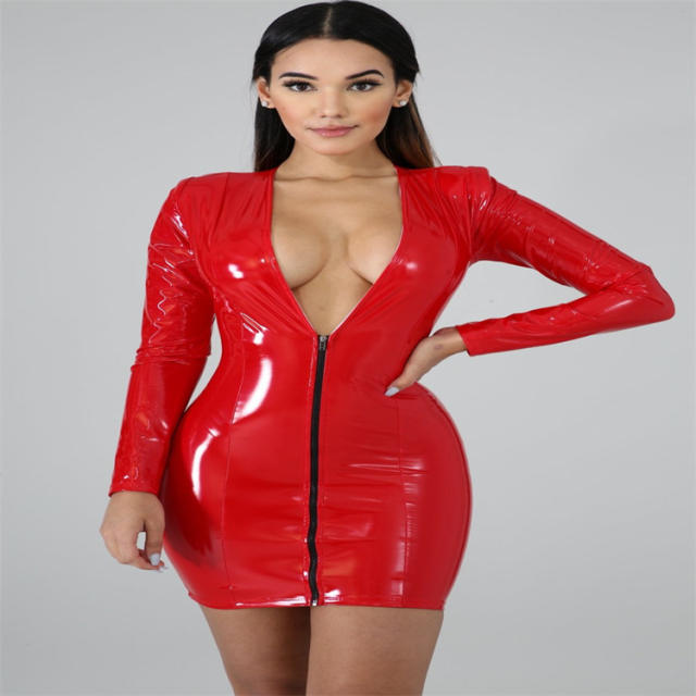 Front Zipper Faux Leather Club Dress Sexy Wetlook PU Dresses Fetish Wear PQ065