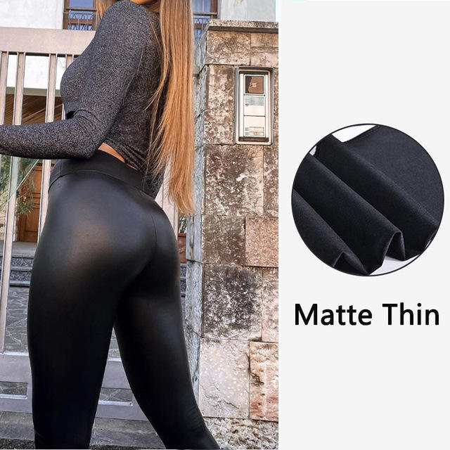 Wetlook Black Faux Leather Fleece Winter Leggings High Waist PU Pants PQPU004B