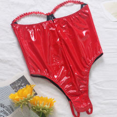 Open Bust Wetlook PU Sexy Bodysuit Leather Lingerie Fetish Wear PQSH003
