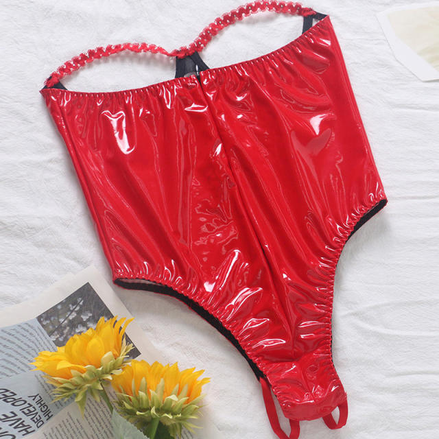 Open Bust Wetlook PU Sexy Bodysuit Leather Lingerie Fetish Wear PQSH003