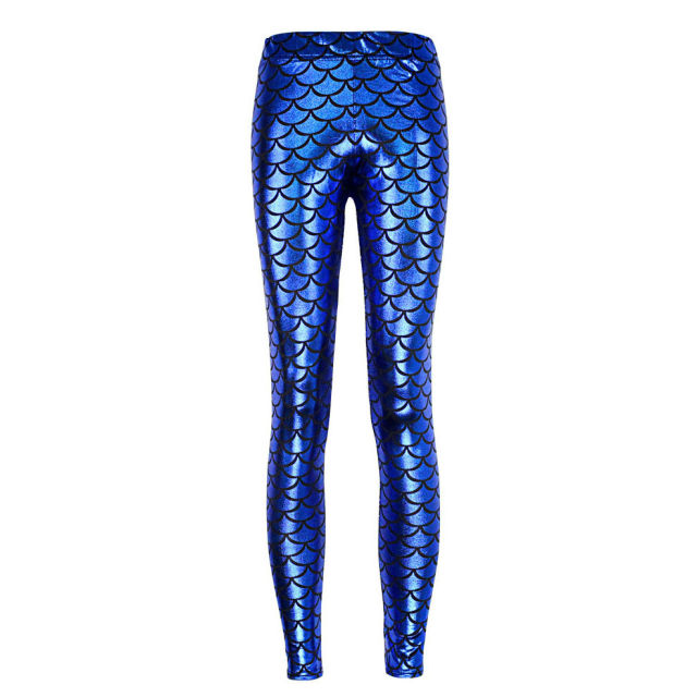 Mermaid Scale Pants Women Shiny Cropped Leggings Faux Leather Trousers PQY300